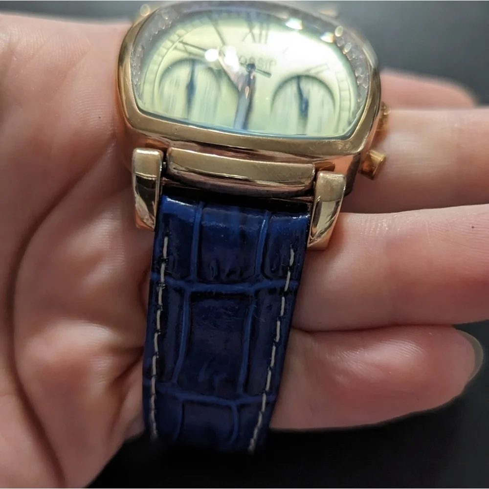 Gossip GSP828 Rhinestone Chronograph Watch Rose Gold Blue Croco Leather Band